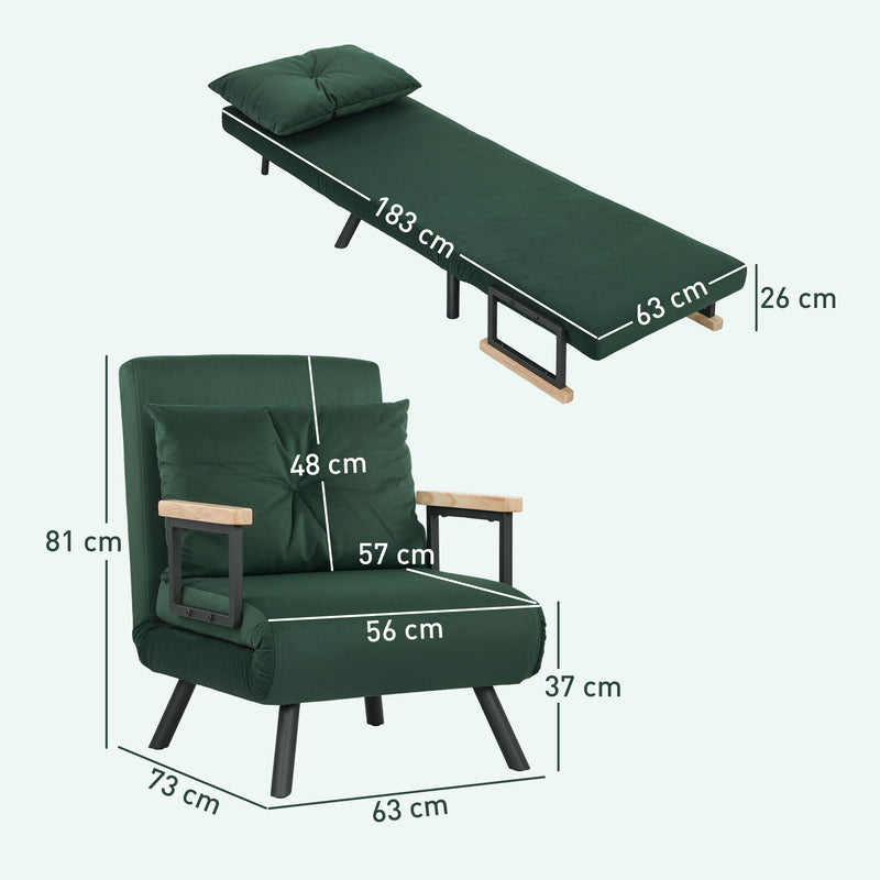 4 in 1 Velvet Feel Single Chair Bed with Pillow Converts to Lounger or Sleeper, Green