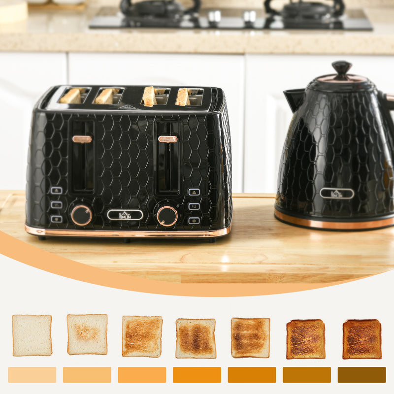 Fast Boil Kettle and 4 Slice Toaster Set with Adjustable Browning Control Black