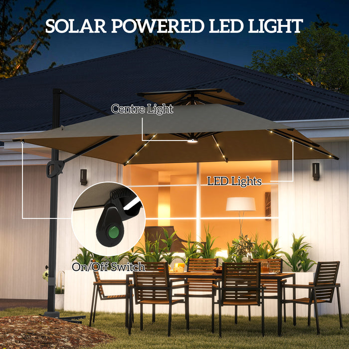 Khaki Cantilever Garden Parasol with Solar LED Lights and UPF50+ Sun Shade by Outsunny