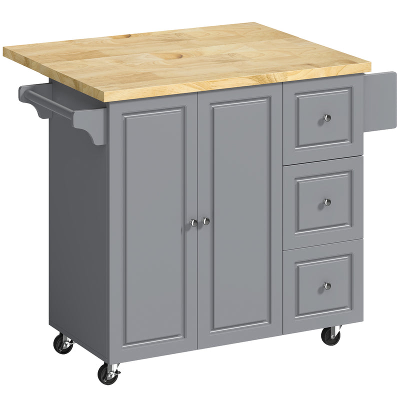 Grey Mobile Kitchen Island Trolley With Drop Leaf, Storage Shelves, Drawers, and Rubber Wood Counter Top For Easy Meal Prep