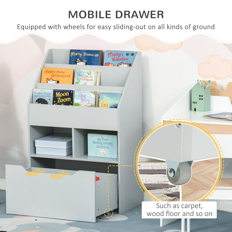 Kids Bookshelf and Toy Organiser with Storage Drawer and Wheels for Playroom, Grey