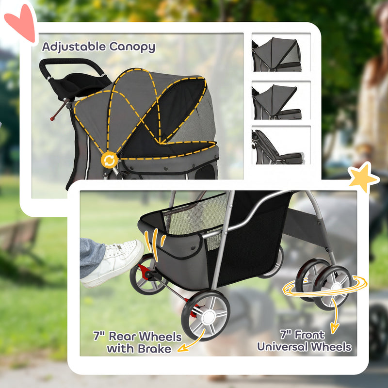 Foldable Pet Stroller With 360 Swivel Wheels And Reflective Strips For Dogs And Cats Dark Grey