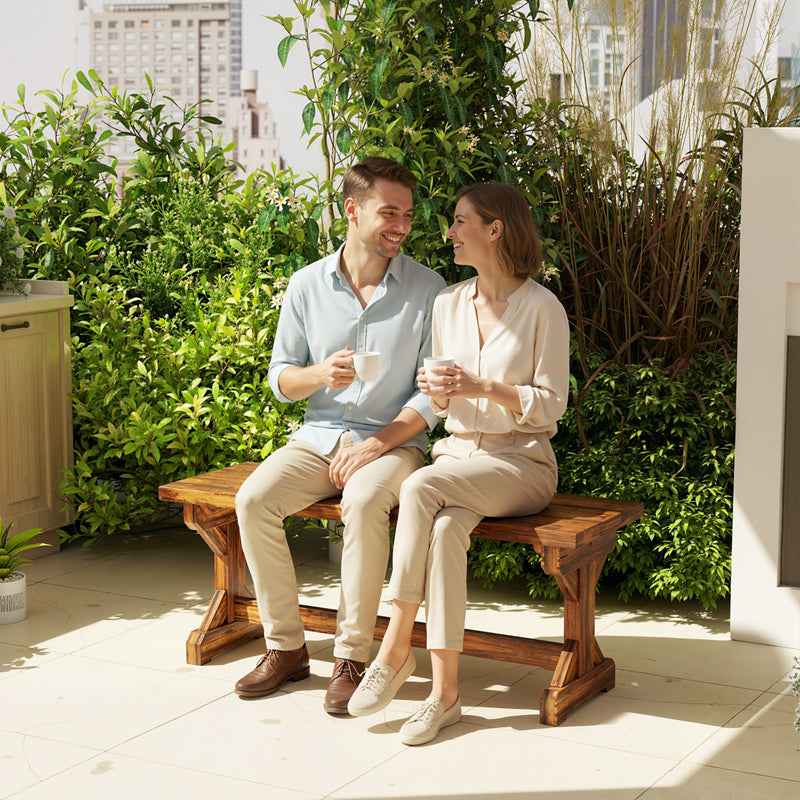 Wood Garden Bench for Two with Backless Design and Weather Resistant Finish Carbonised Outsunny