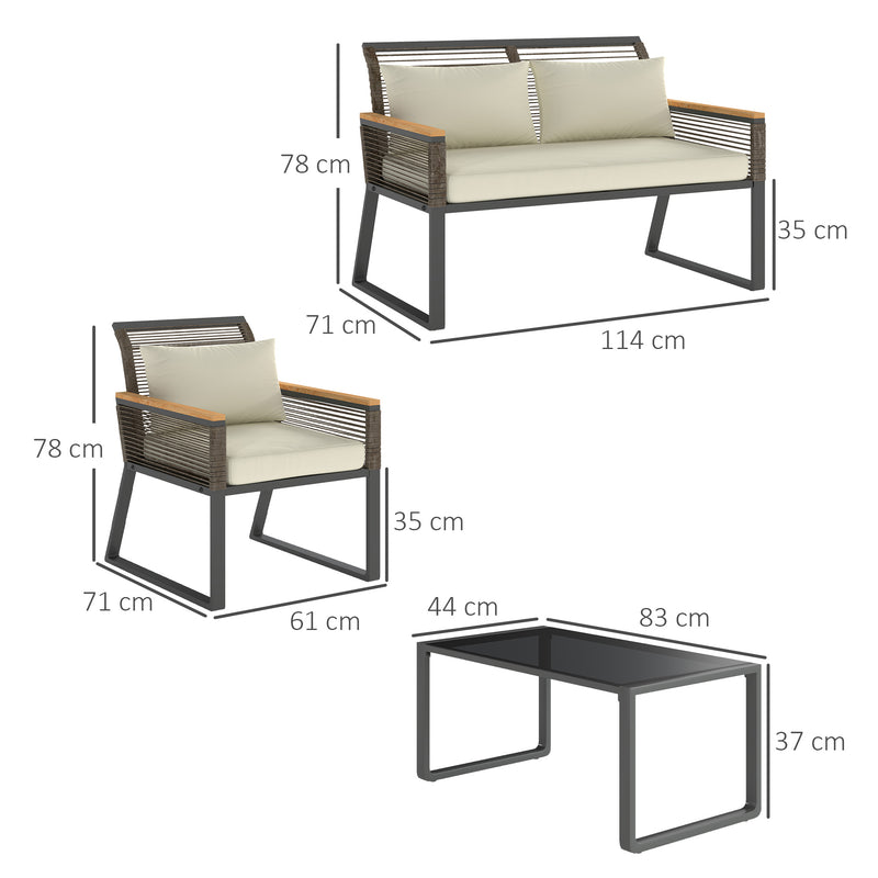 Grey 4 Seater Wicker Rope Garden Furniture Set with Glass Coffee Table by Outsunny