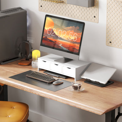 White Monitor Stand Riser with 3 Drawers for PC Laptop and Small Printer by HOMCOM