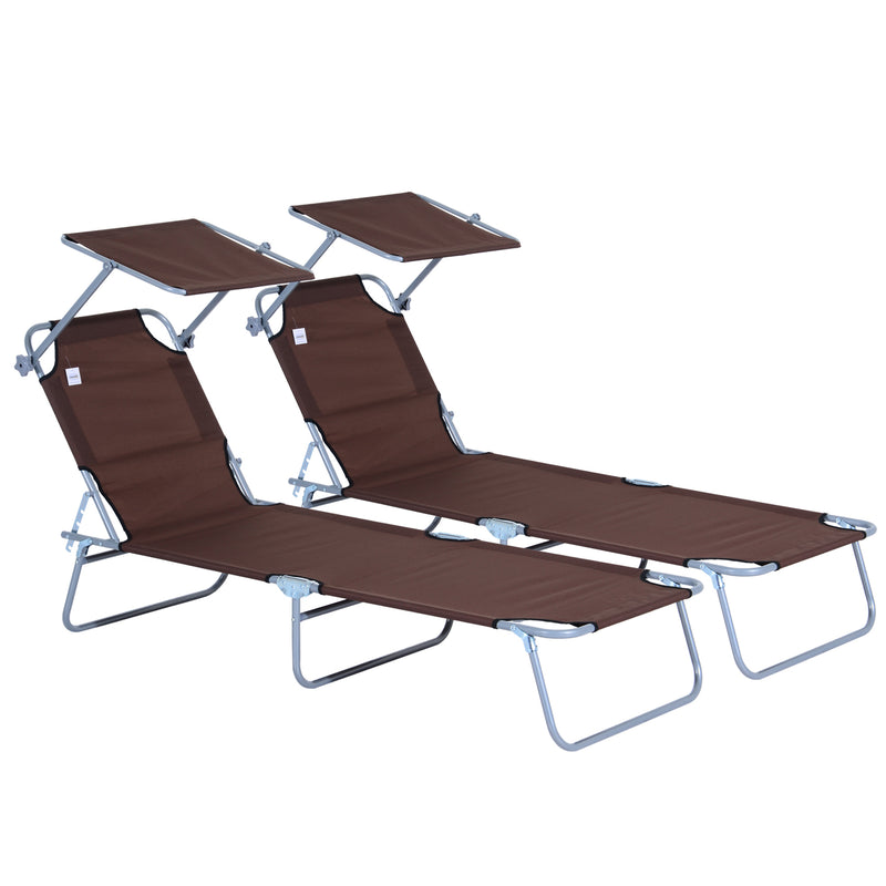 Brown 2 Piece Folding Sun Lounger Set with Adjustable Backrest and Sun Shade for Garden