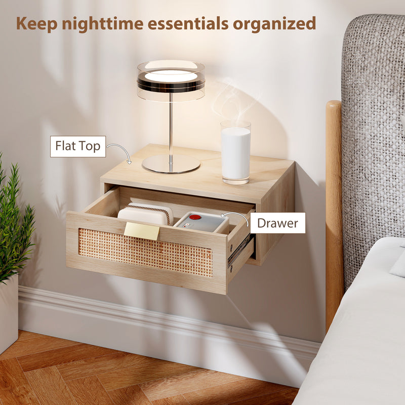 Floating Bedside Tables Set of 2 for Clutter Free Bedroom with Rattan Drawer Oak AOSOM