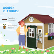 Wooden Kids Playhouse with Doors Windows and Planters for Ages 3-8 in Beige by Outsunny