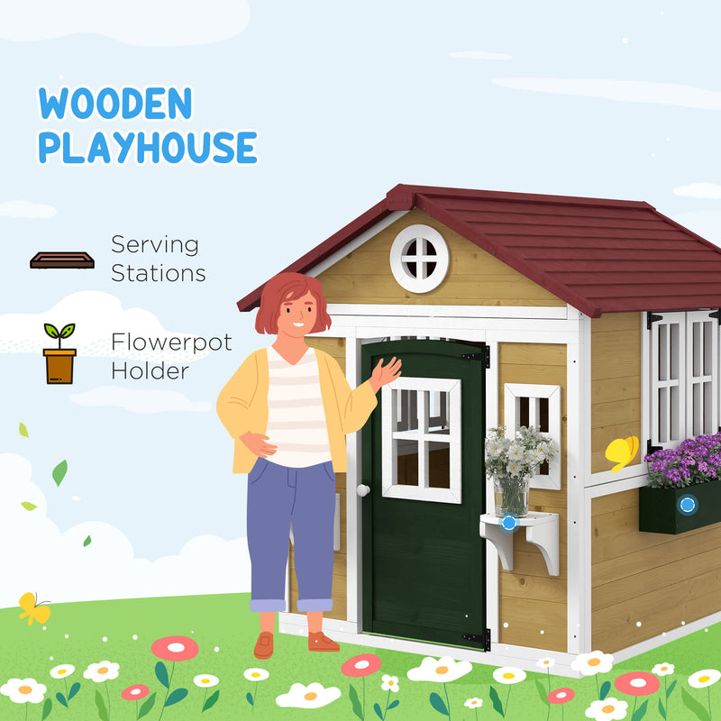 Wooden Kids Playhouse with Doors Windows and Planters for Ages 3-8 in Beige by Outsunny