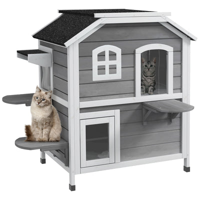 2 Storey Wooden Outdoor Cat House With Escape Door And Roof Access, Grey
