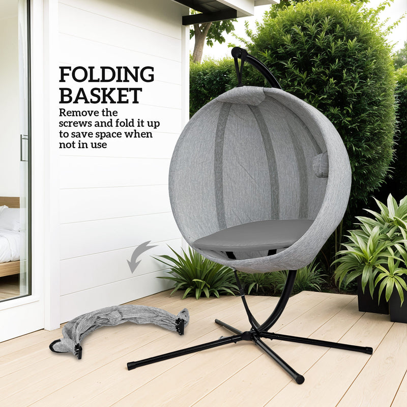Grey Hanging Egg Chair with Stand Thick Cushion and Cup Holder for Garden or Balcony by Outsunny