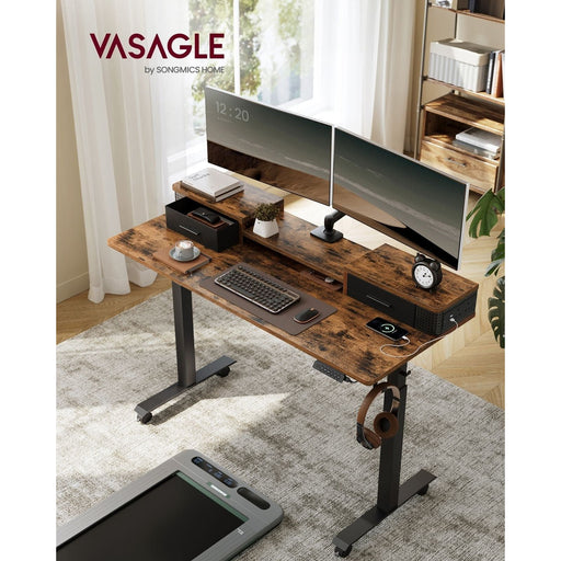 Image of a Vasagle Electric Sit Stand Desk in Rustic Brown Dimensions (140x60cm).