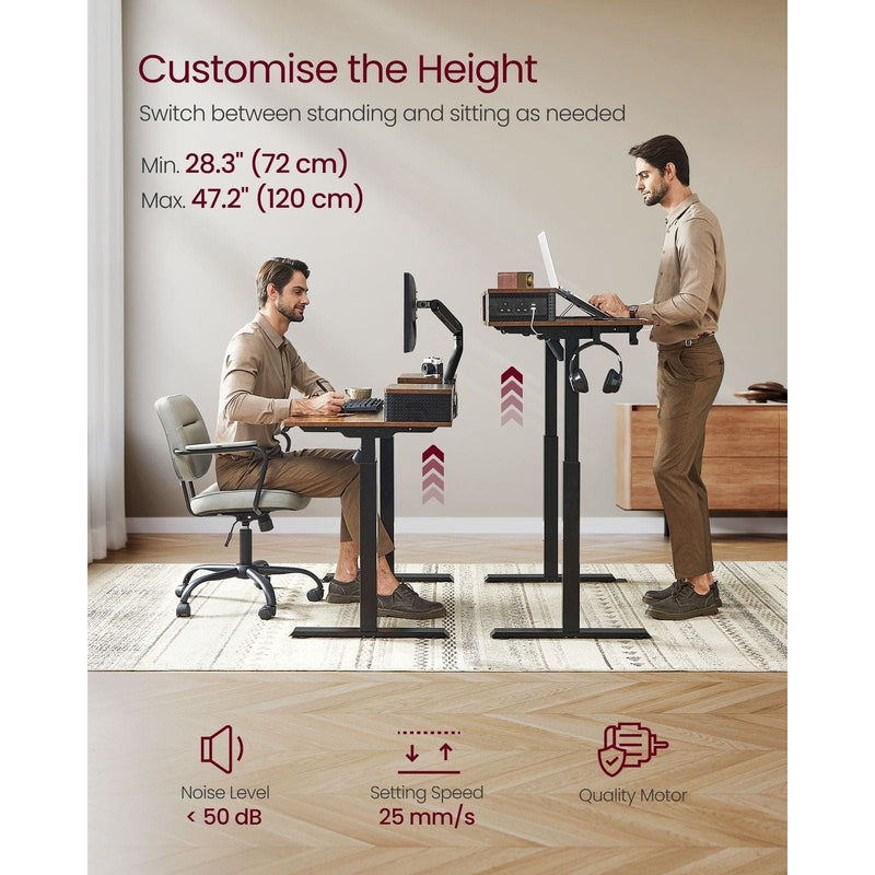 Image of a Vasagle Electric Sit Stand Desk in Rustic Brown Dimensions (140x60cm).