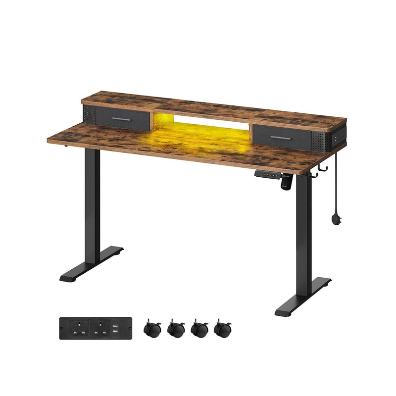Image of a Vasagle Electric Sit Stand Desk in Rustic Brown Dimensions (140x60cm).
