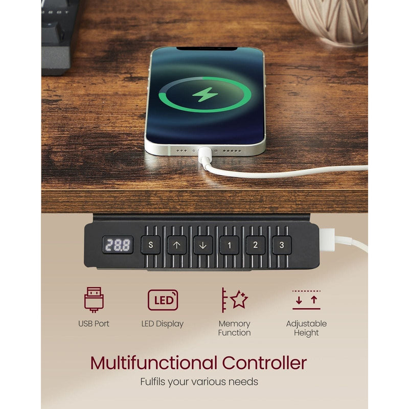 Image of a Vasagle Electric Sit Stand Desk in Rustic Brown Dimensions (140x60cm).