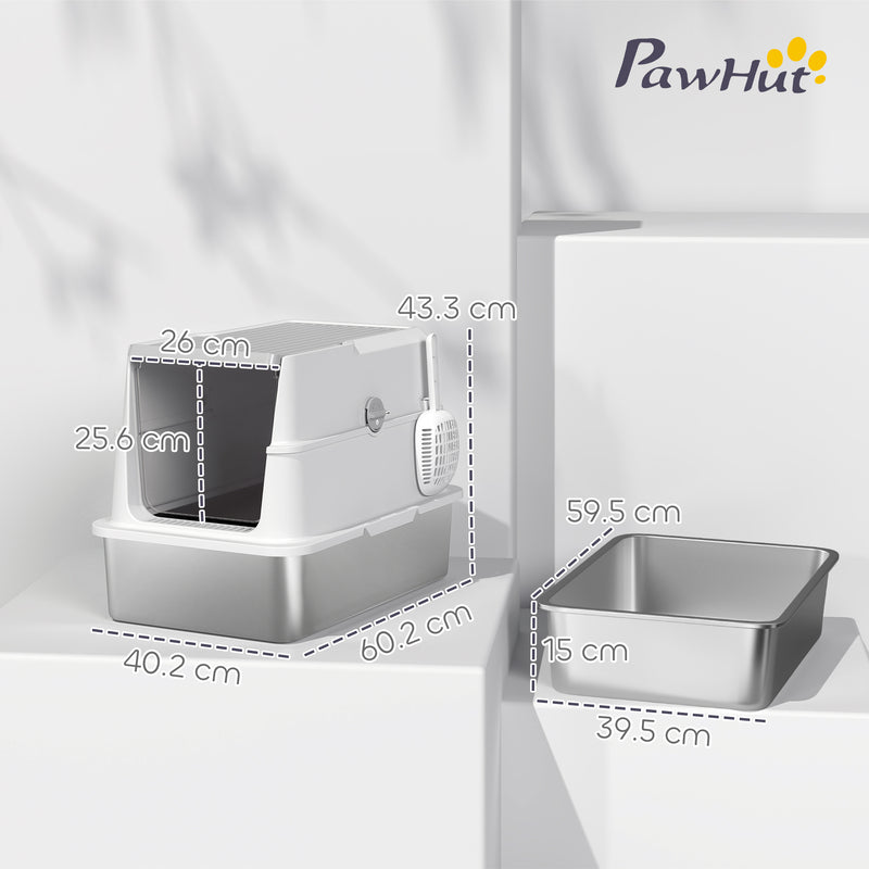 Extra Large Stainless Steel Cat Litter Tray With Scoop And Flip Top Lid For Easy Cleaning, Silver