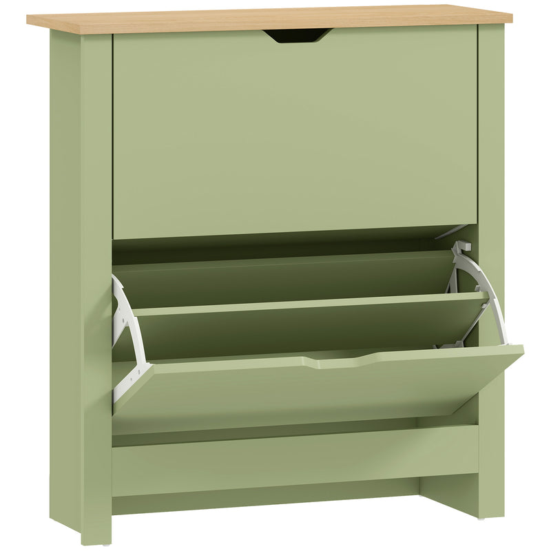 Green Slim Shoe Cabinet with 2 Flip Drawers and Adjustable Shelves for Hallway Storage 72x26x80cm