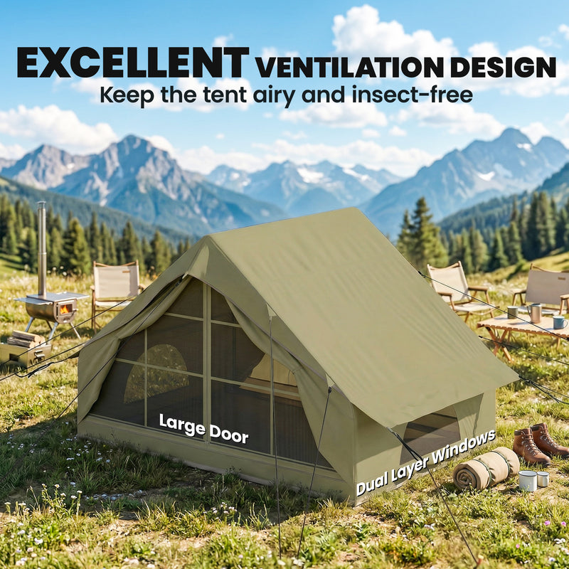 Inflatable Camping Tent With Pump, Waterproof 420D Oxford, 2–4 Person, Army Green