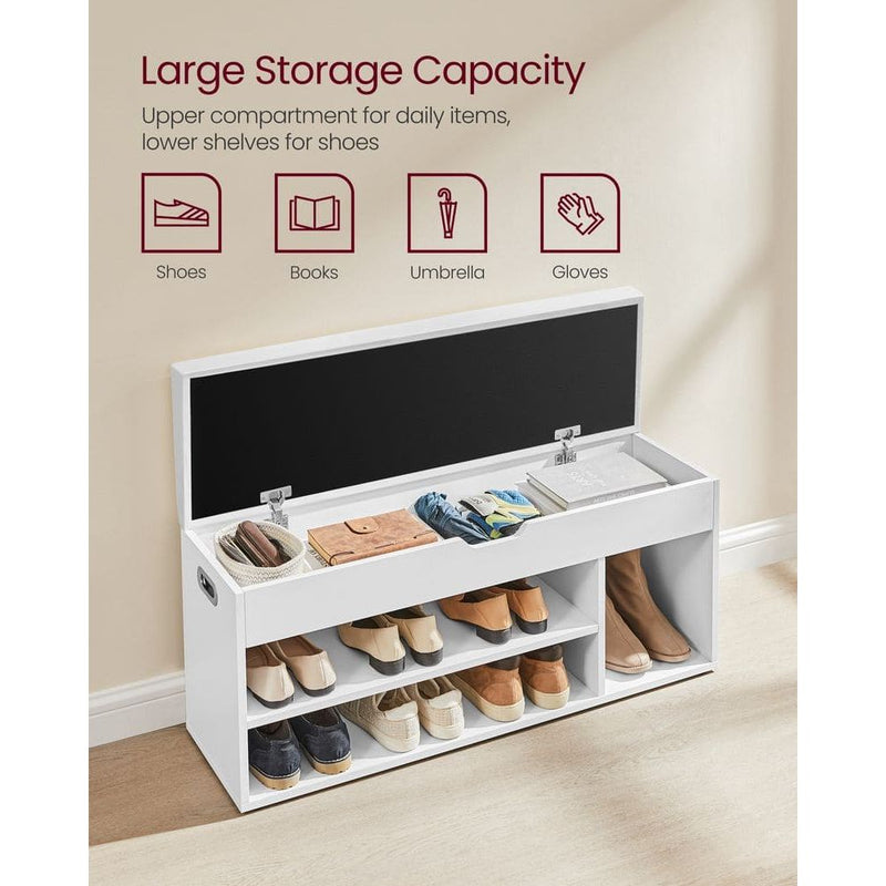 Vasagle White Entryway Shoe Bench With White PU Leather Cushion Concealed Storage For Organised Hallways
