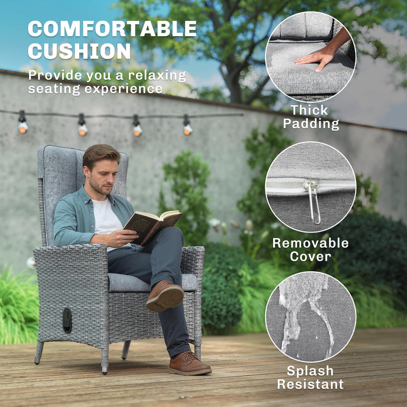 Rattan Recliner Garden Chair with Adjustable Backrest and Washable Cushion Light Grey AOSOM