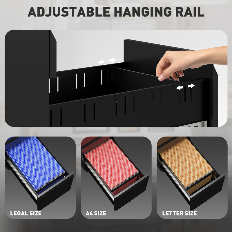 Black 3 Drawer Steel Mobile Filing Cabinet with Lock by Vinsetto