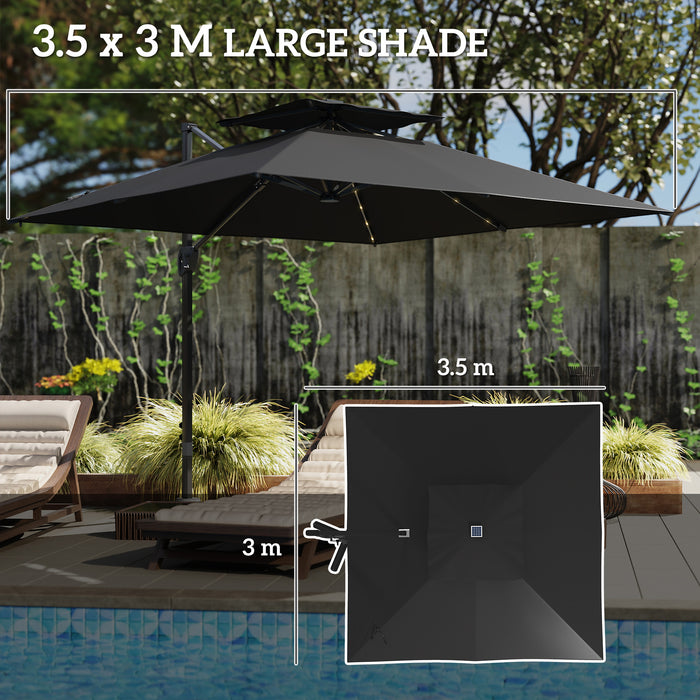 Black 3.5x3 m Square Cantilever Parasol with Solar LED Lights and UPF50+ Shade by Outsunny