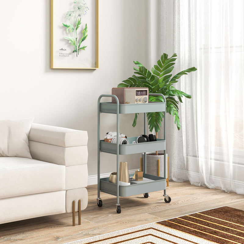 Three Tier Steel Storage Trolley with Wheels in Light Blue for Home and Office by HOMCOM