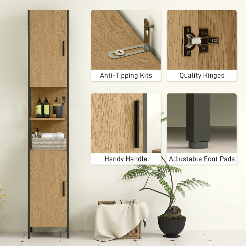 Tall Bathroom Storage Cabinet with Doors Adjustable Shelves and Open Shelves, Natural Wood