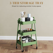 Green Three Tier Rolling Storage Trolley with Wheels and Organiser Shelves