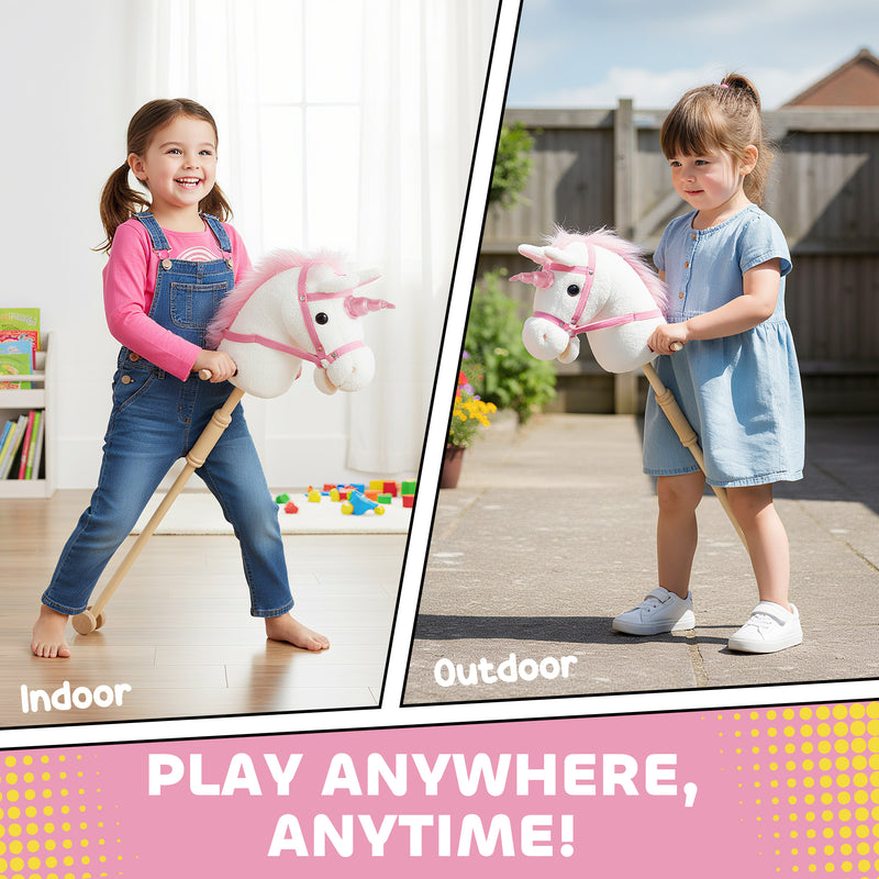 Unicorn Stick Horse Toy With Wheels and Realistic Sounds for Kids Riding Fun White AOSOM