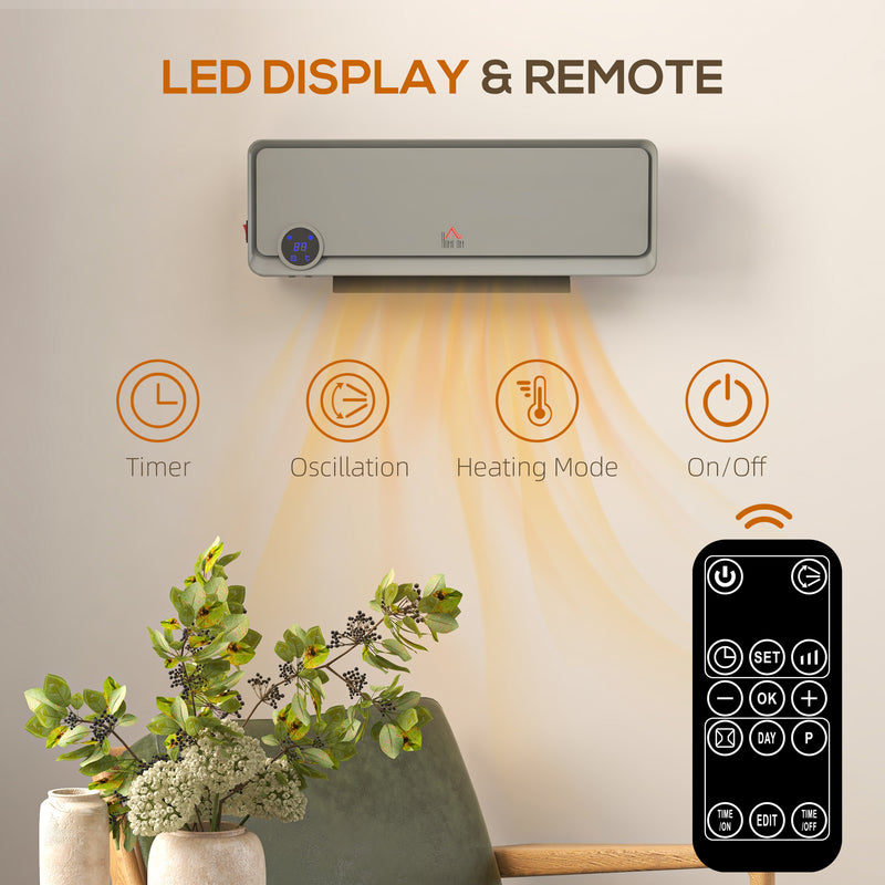 Wall Mounted Electric Heater with Timer and Remote Control for Home or Office Grey
