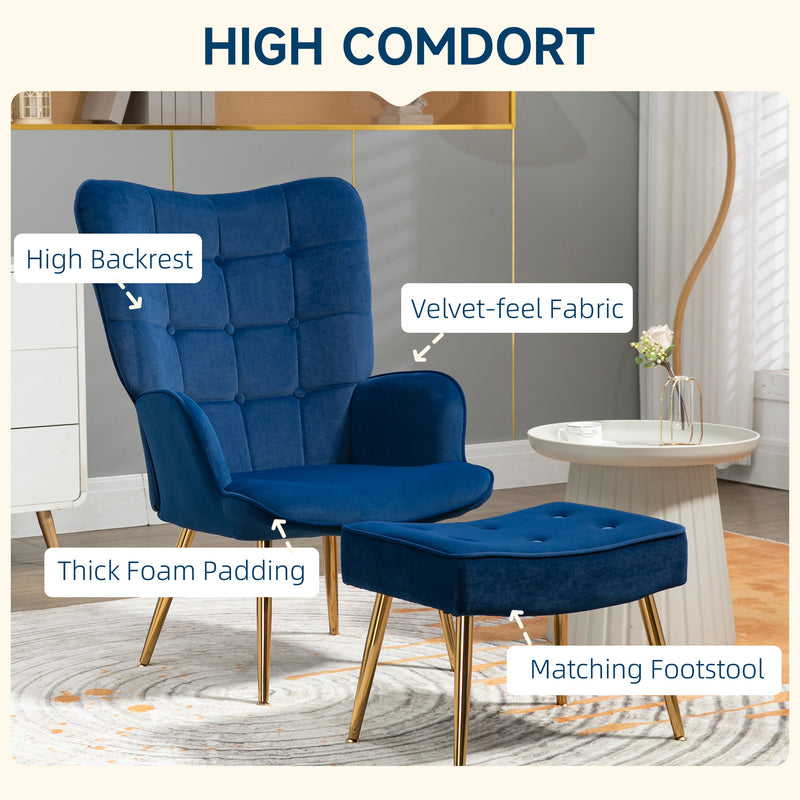 Velvet Wingback Armchair with Footstool for Living Room or Bedroom Steel Legs Dark Blue