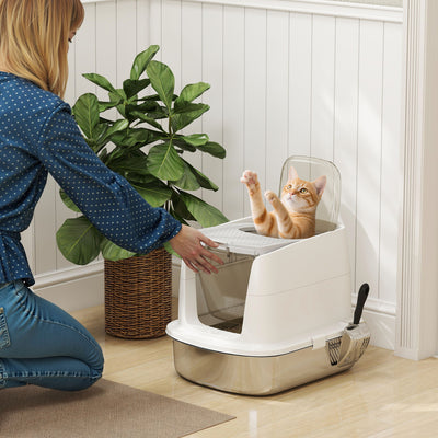 Large Stainless Steel Enclosed Cat Litter Box With Scoop Top Exit Design Grey
