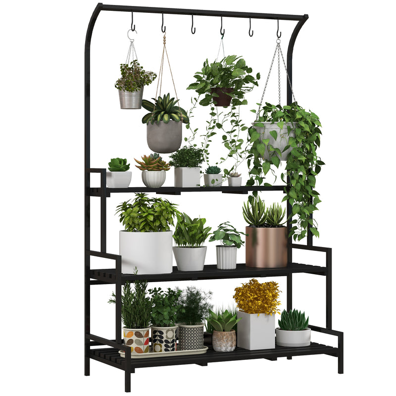 Black 3 Tier Tall Plant Stand With Hanging Hooks For Indoor Or Outdoor Display Use