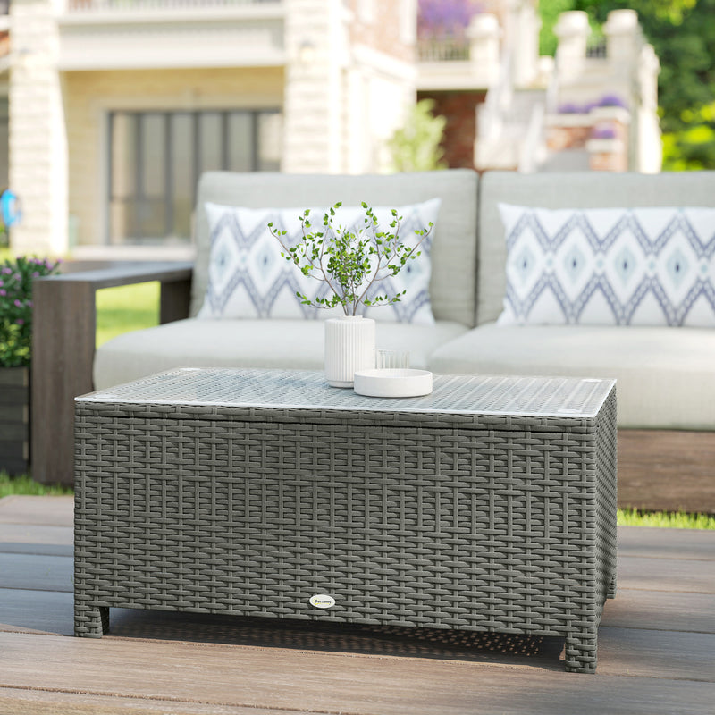 Rattan Garden Coffee Table with Glass Top for Patio or Conservatory Use Light Grey AOSOM