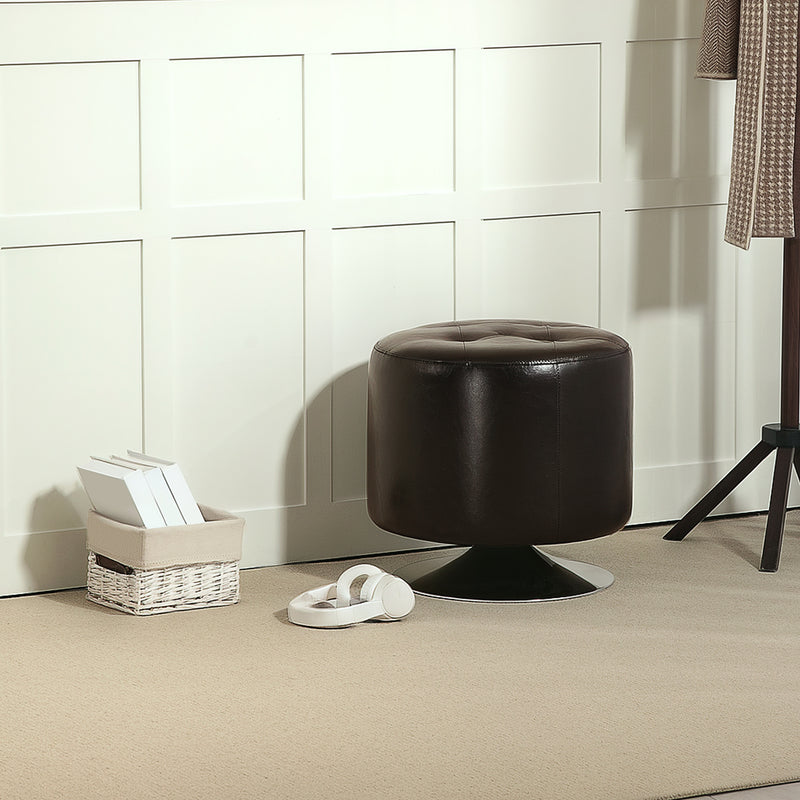 Round Swivel Footstool with Thick Padding and Steel Base Brown Faux Leather by HOMCOM