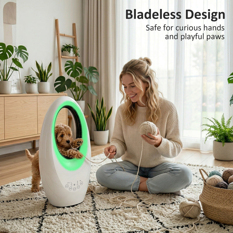 Bladeless Tower Fan for Quiet Safe Cooling with Remote and LED Lights, White