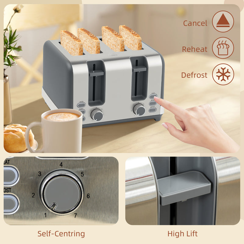Stainless Steel Kettle and 4 Slice Toaster Set with Rapid Boil and Browning Control, Grey