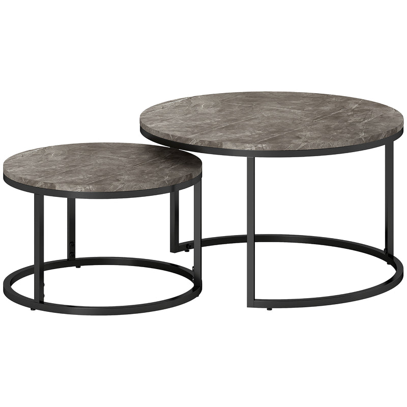 Set of 2 Round Nesting Coffee Tables with Faux Marble Top Steel Frame for Living Room Black