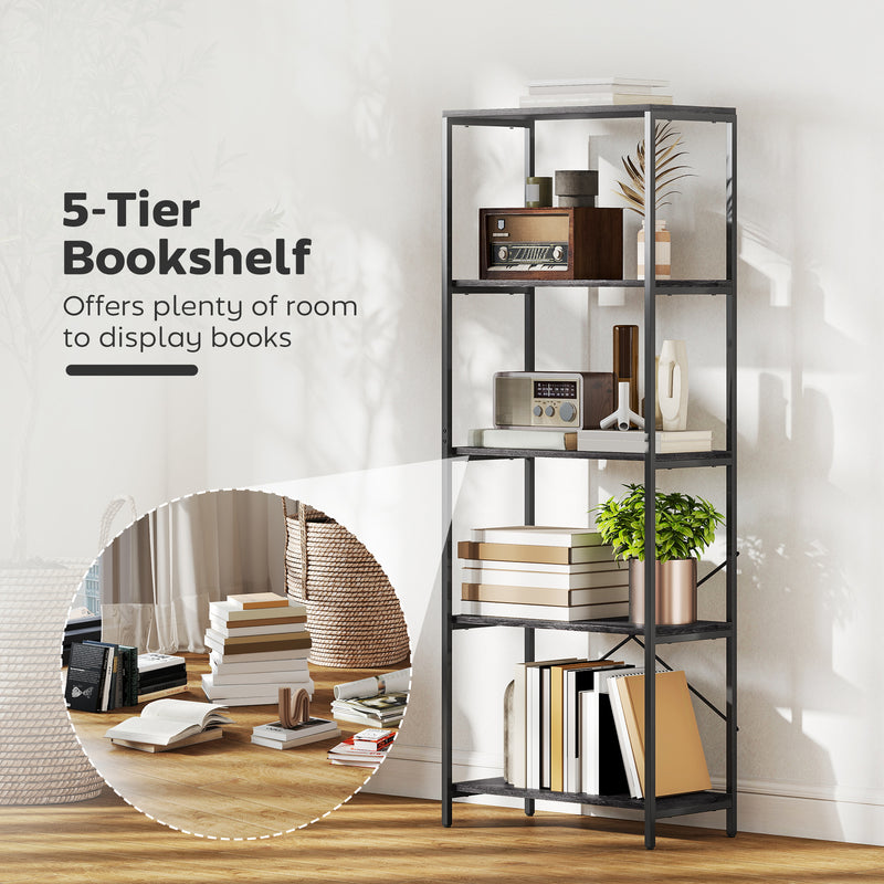 5 Tier Industrial Style Bookcase With Sturdy Metal Frame For Home Office Storage Dark Grey Black AOSOM