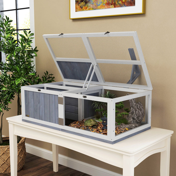 Wooden Tortoise House with Lamp Holder Clear Window Openable Tops and Tray Light Grey by PawHut