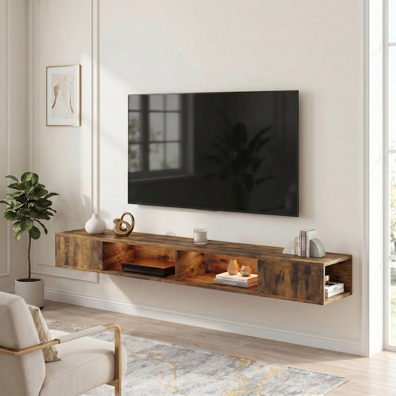 Floating Wall Mounted TV Unit with LED Lights, Storage, Cable Management for Tidy Living Room, Rustic Brown