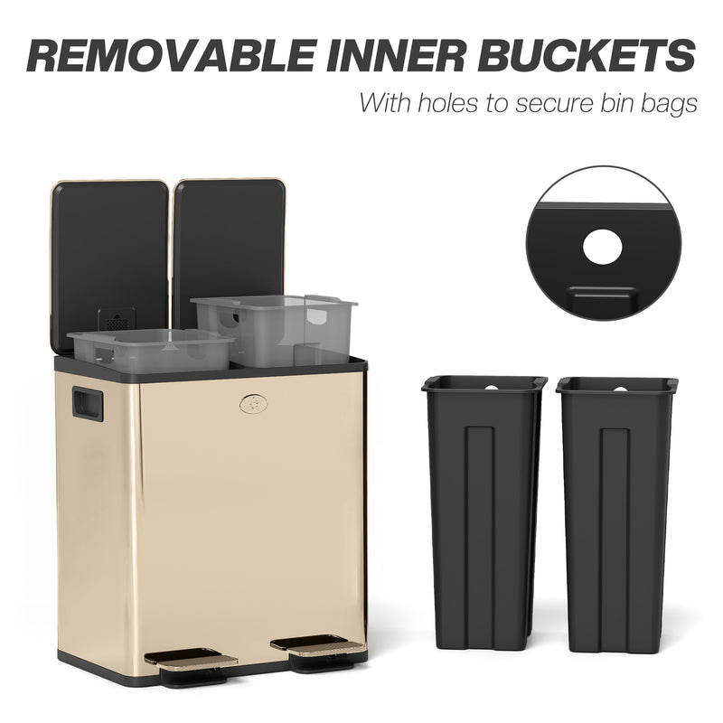 40L Dual Compartment Stainless Steel Recycling Bin with Deodorisers Gold Tone by Homcom