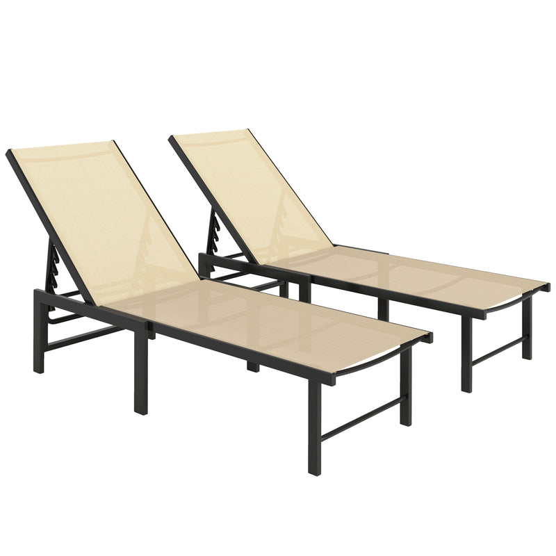Set of 2 Adjustable Reclining Sun Loungers in Khaki For Outdoor Comfort by Outsunny