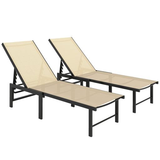 Set of 2 Adjustable Reclining Sun Loungers in Khaki For Outdoor Comfort by Outsunny