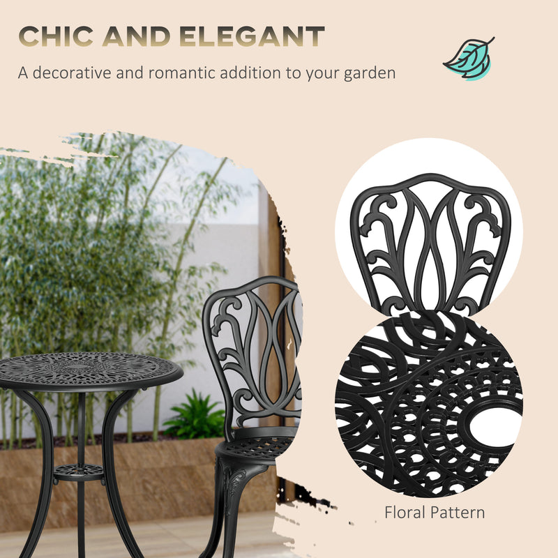 3 Piece Black Cast Aluminium Garden Bistro Set With Umbrella Hole by Outsunny