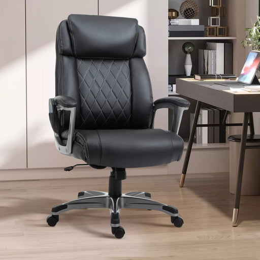 Image of a Black PU Leather Executive Chair For Home Office With Six Point Vibrating Massage, Swivel Wheels. The Chair is Comfortable And Has Diamond Stitching on The Back.