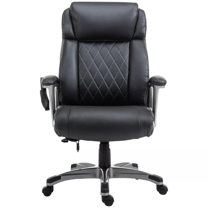 Image of a Black PU Leather Executive Chair For Home Office With Six Point Vibrating Massage, Swivel Wheels. The Chair is Comfortable And Has Diamond Stitching on The Back.