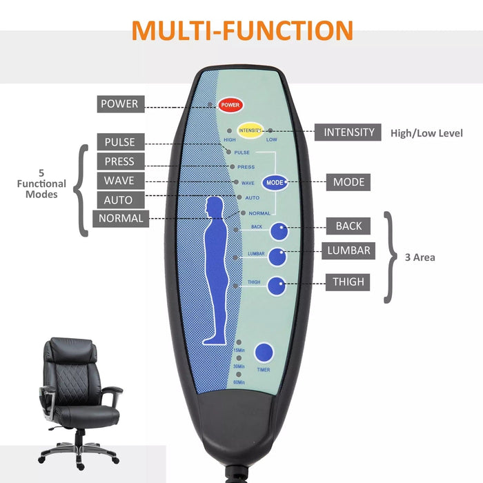 Image of a Black PU Leather Executive Chair For Home Office With Six Point Vibrating Massage, Swivel Wheels. The Chair is Comfortable And Has Diamond Stitching on The Back.