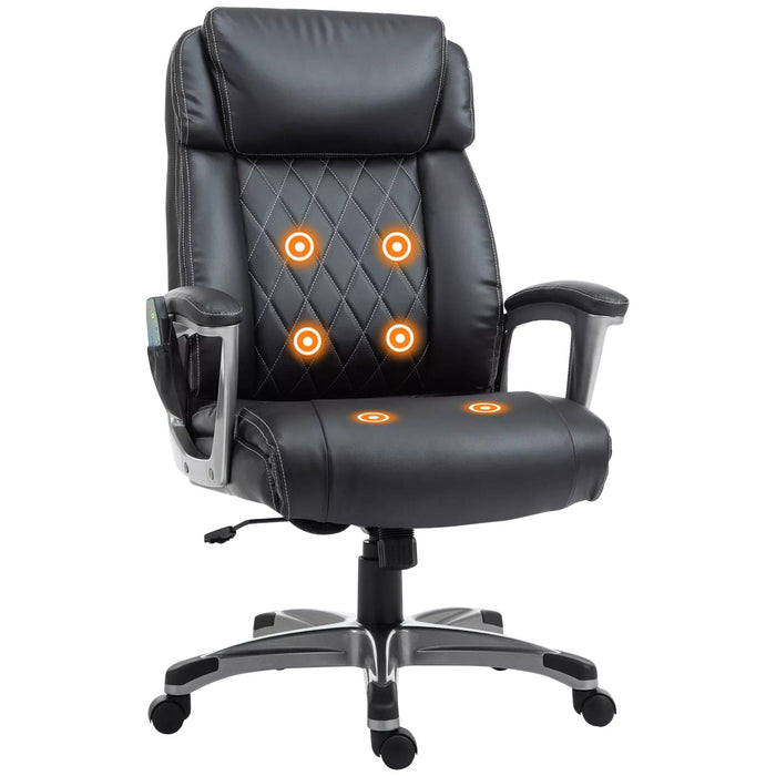 Image of a Black PU Leather Executive Chair For Home Office With Six Point Vibrating Massage, Swivel Wheels. The Chair is Comfortable And Has Diamond Stitching on The Back.